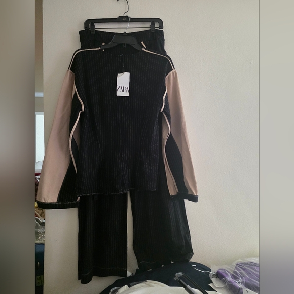 Zara Set Striped Sweatshirt Mixed Stripped + Pants Black/Sand size M BNWT - Picture 3 of 16